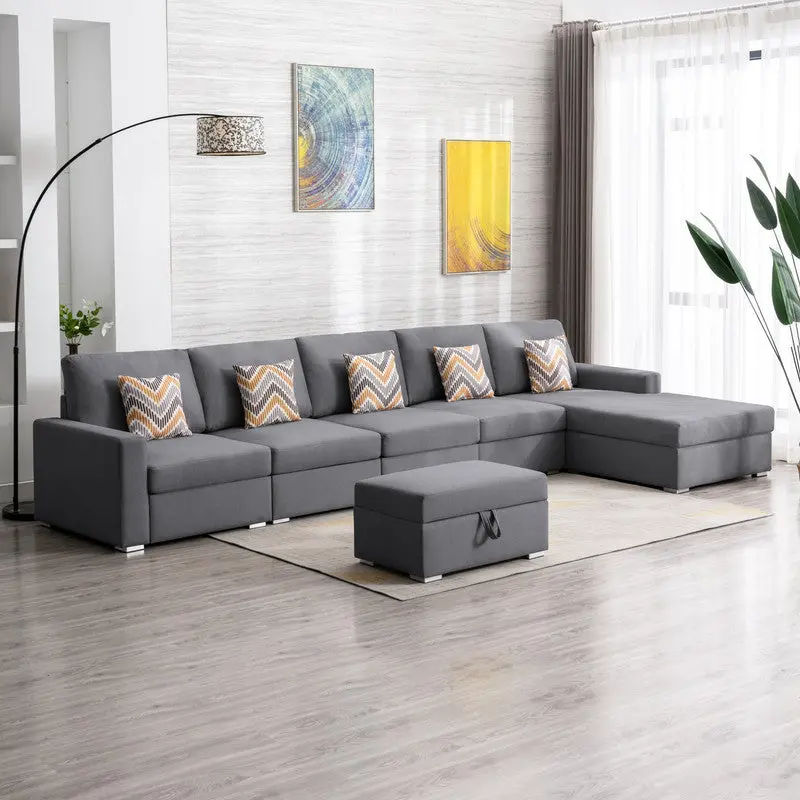 Nolan 152 Inch Gray Linen 6 Piece Reversible Sectional Sofa Chaise lilola home