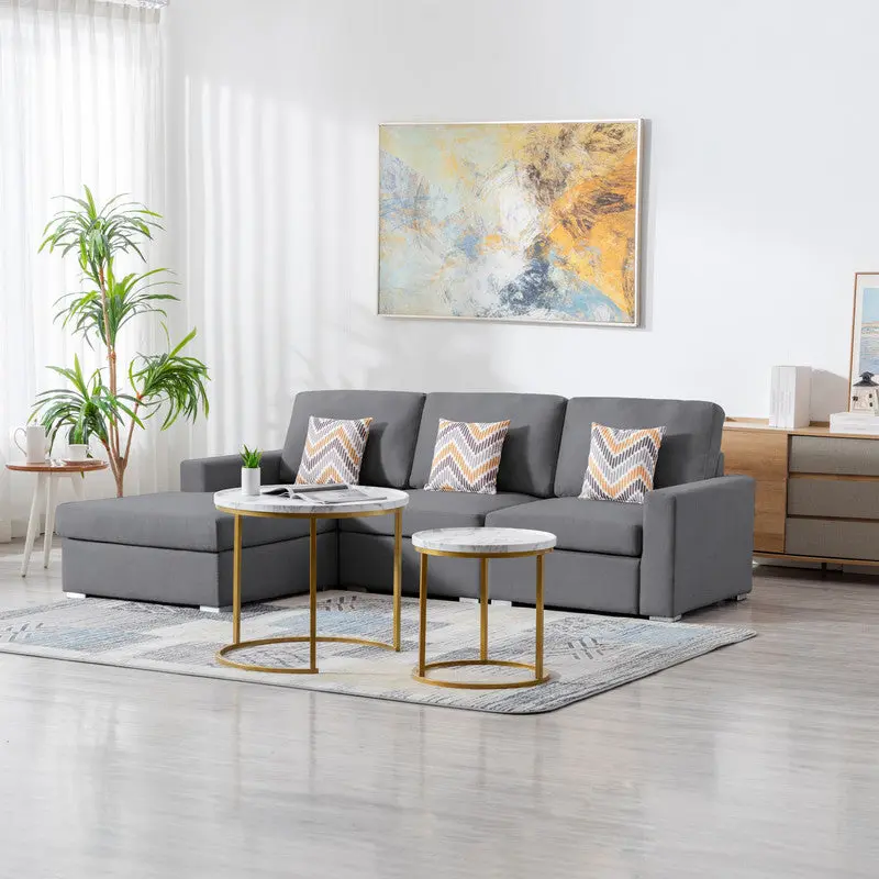 Nolan 95.5 Inch Gray Linen Fabric 3 Piece Reversible Sectional Sofa Chaise lilola home