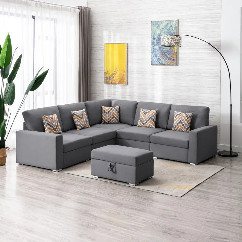 Nolan 95.5 Inch Gray Linen Fabric 6 Piece Reversible Sectional Sofa Pillows lilola home