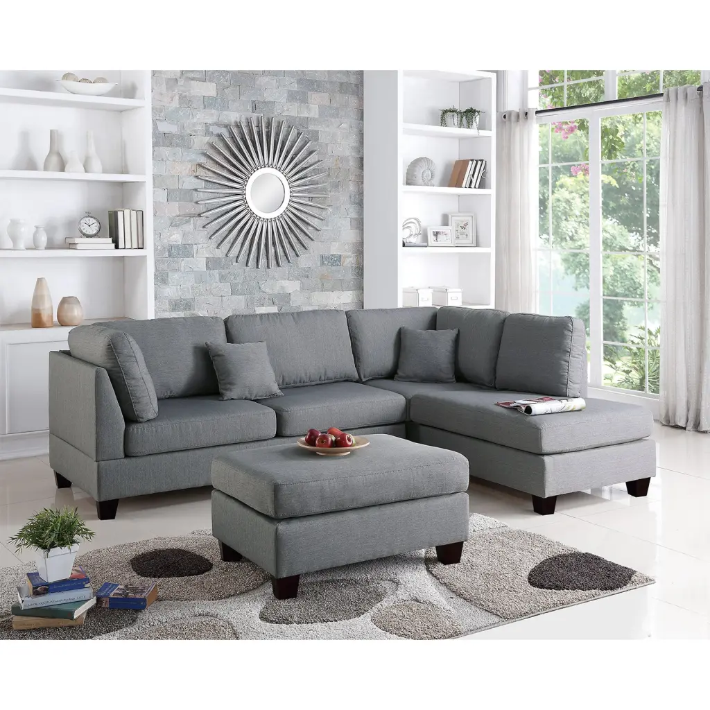 Polyfiber Reversible Sectional Sofa Ottoman Grey Polyester Fabric Living Room simple relax