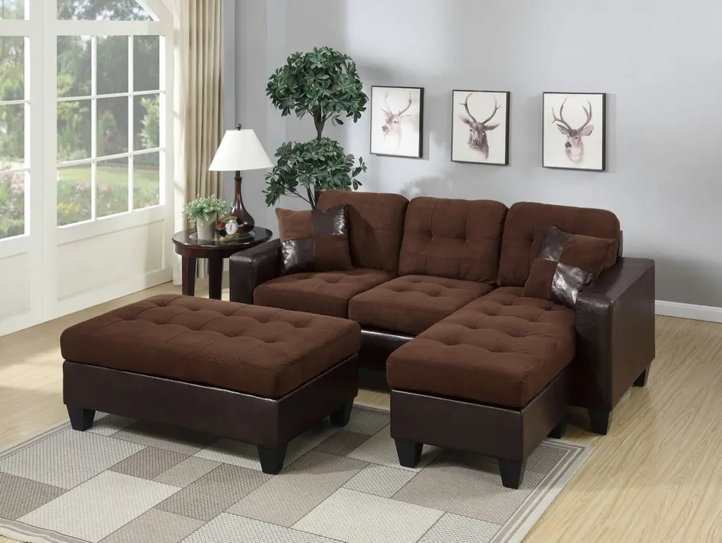 Chocolate Plush Microfiber Faux Hide 3 Piece Reversible Sectional Sofa kanepe