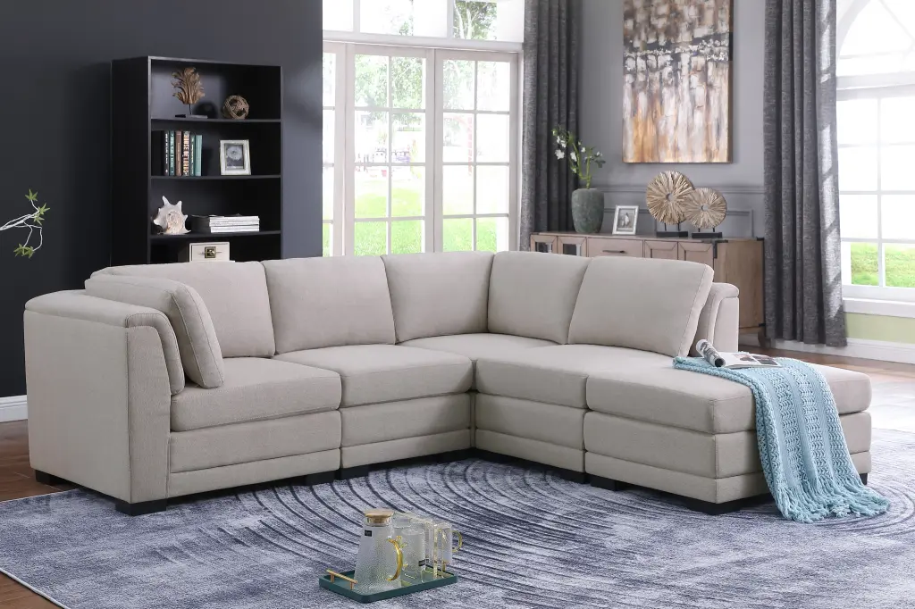 Kristin 96 Inch Light Gray Linen Fabric Reversible Sectional Sofa Ottoman lilola home
