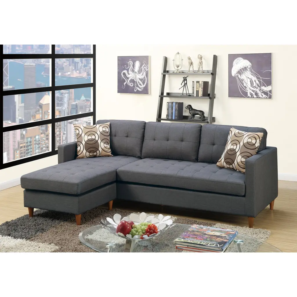 Linen Like Reversible Sectional Sofa Blue Grey L Shaped Living Room Furniture simple relax