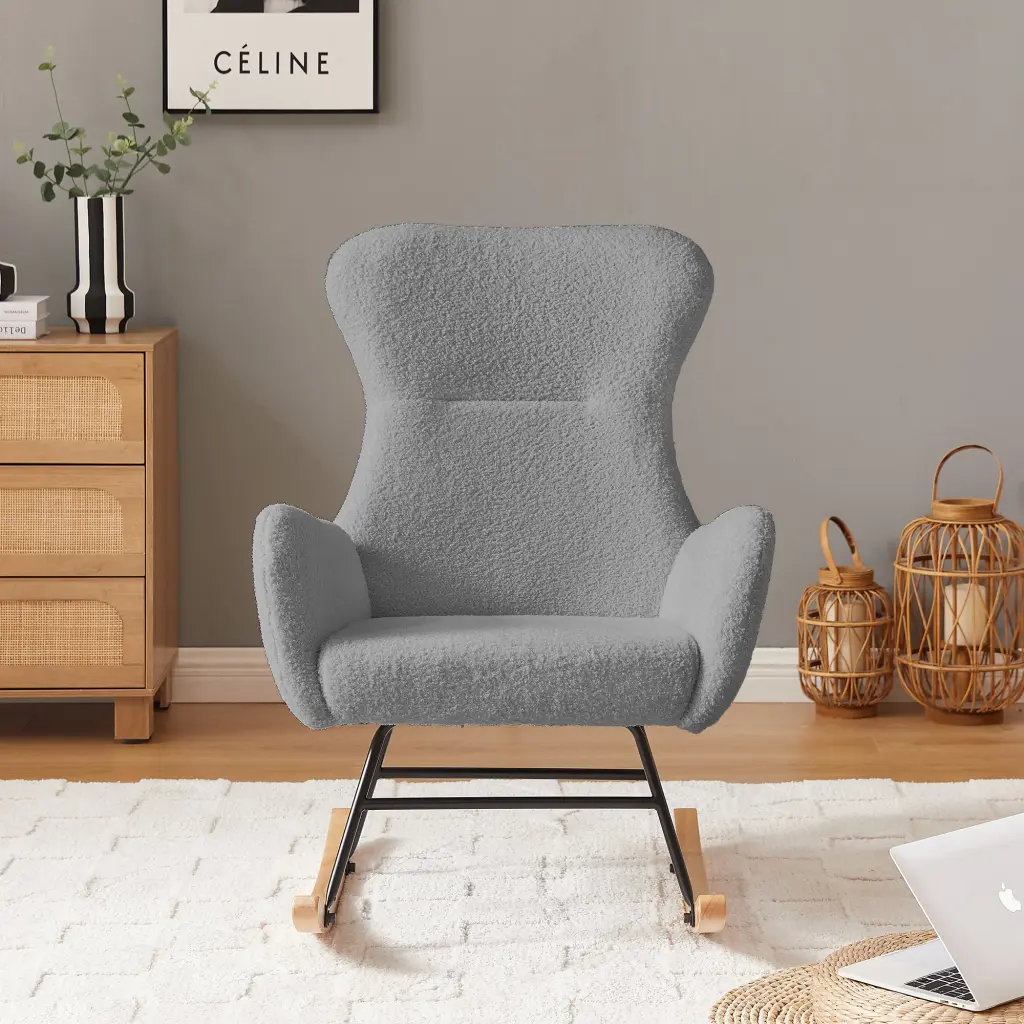 Grey Teddy Fabric Rocking Chair Metal Frame And Comfortable Foam Cushion cy furniture
