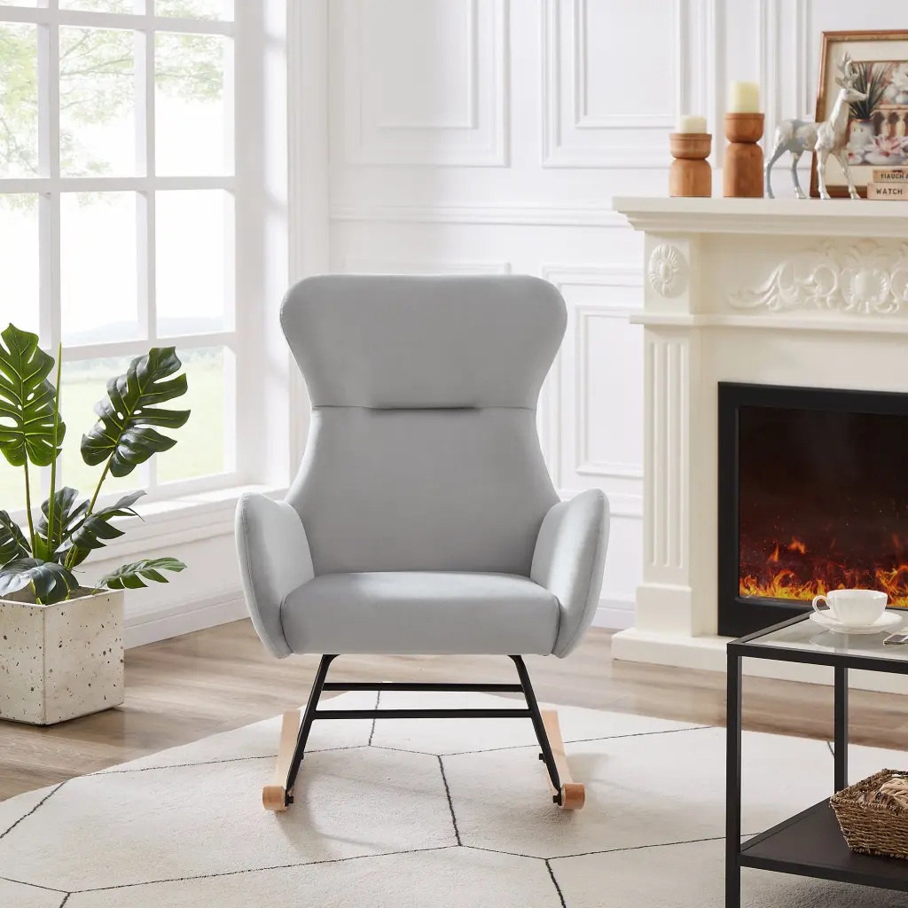 Grey Velvet Rocking Chair Grey Foam Cushion and Metal Frame cy furniture