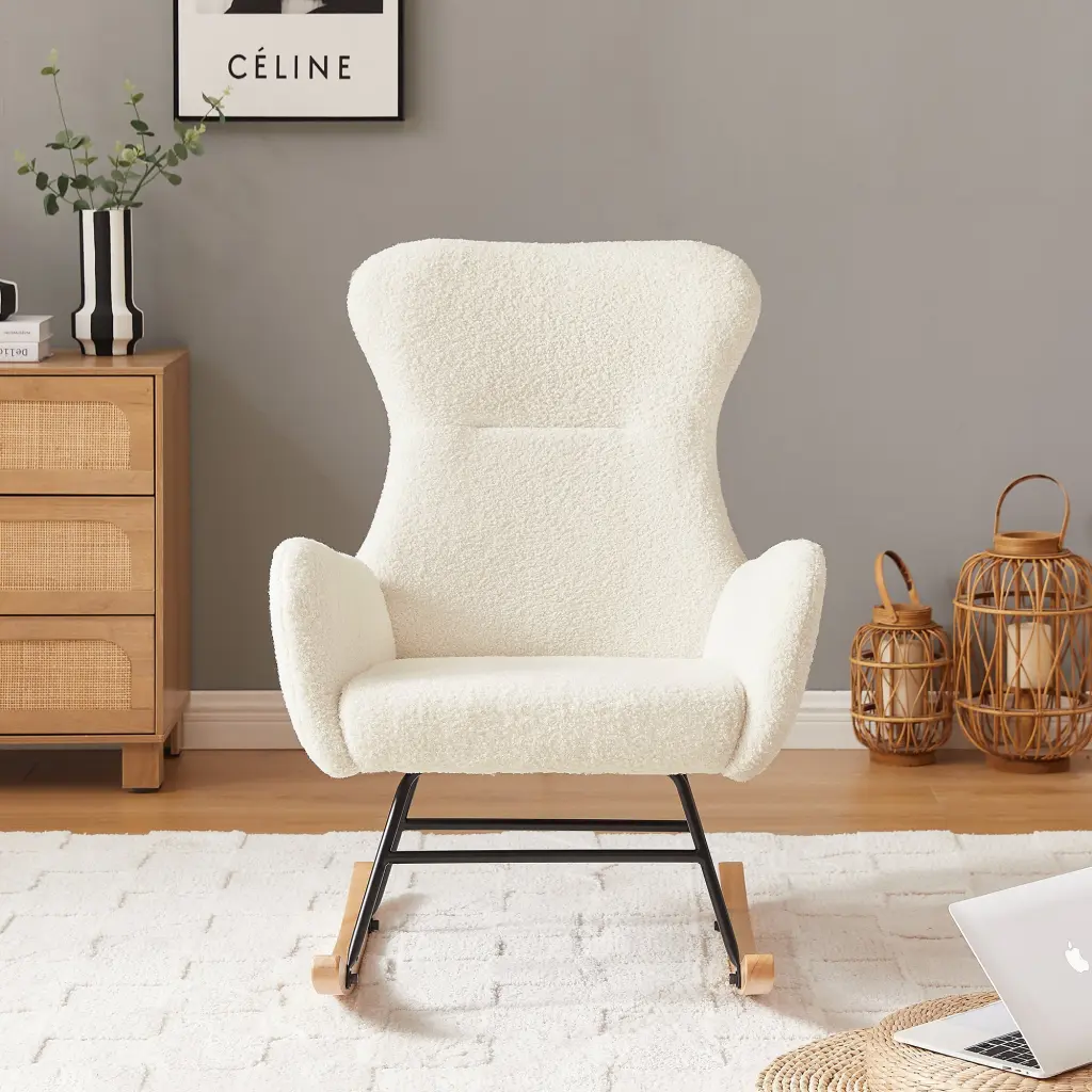 Off White Teddy Material Rocking Chair Foam Cushion and Metallic Frame cy furniture