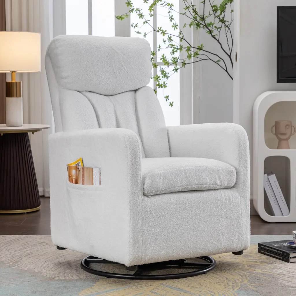 022 Teddy Fabric Swivel Rocking Chair Glider Pocket White Comfort dg collection