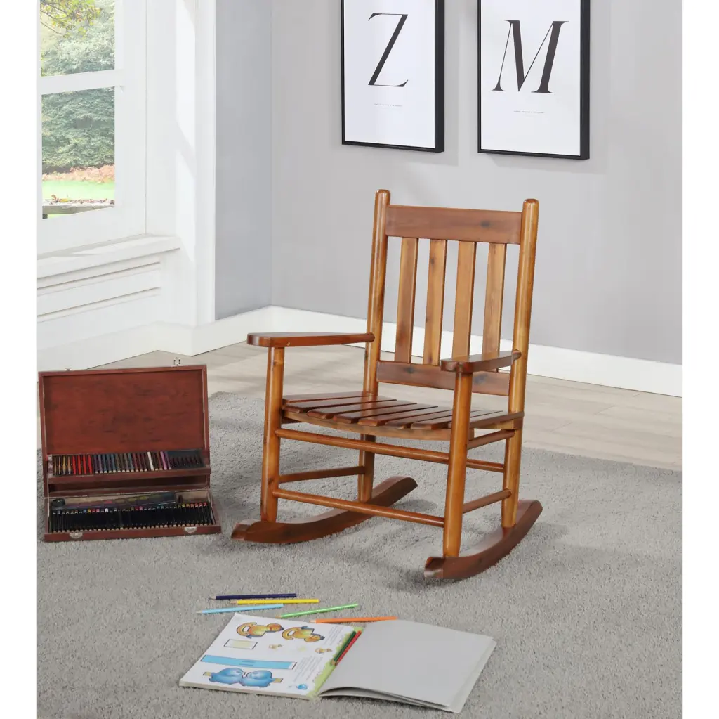 Golden Brown Slat Back Youth Rocking Chair Kids Primary Living Space Comfort furniture max