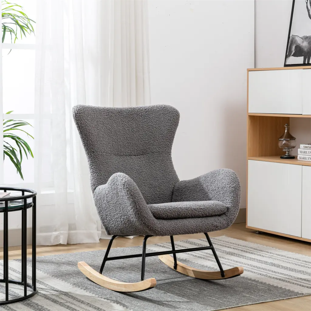 Teddy Material Padded Seat Rocking Chair High Backrest and Armrests homemax