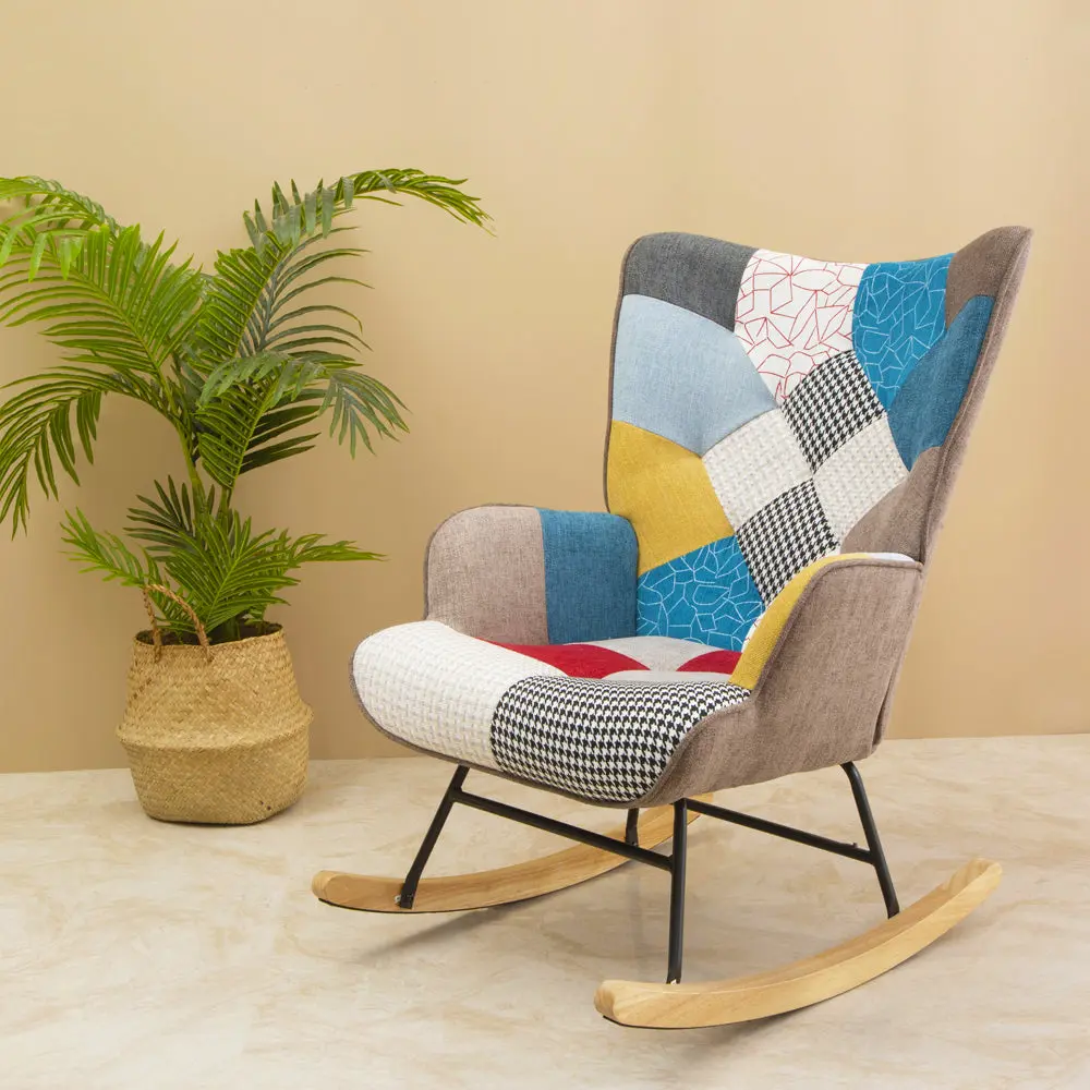 Mid Century Fabric Rocking Chair Wood Legs and Patchwork Design merrysmarthome