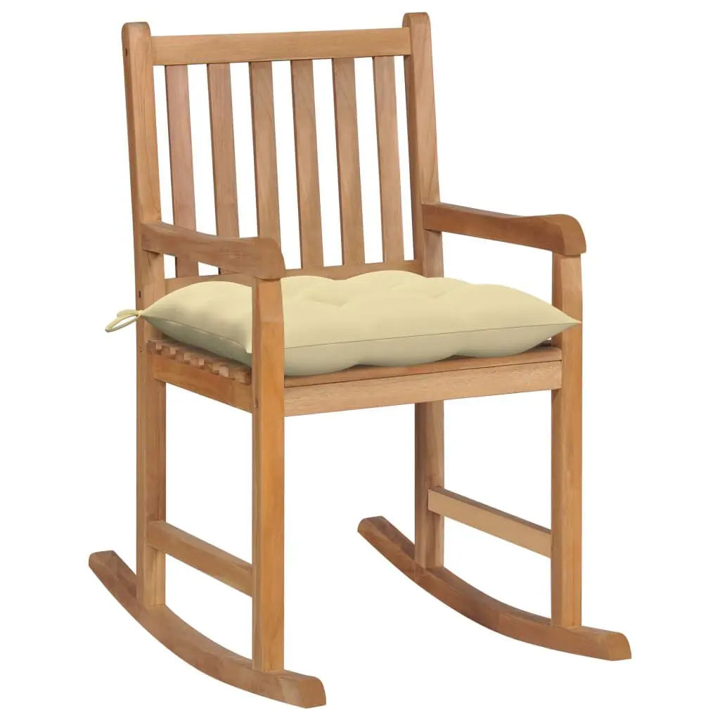 Rocking Chair Cream White Cushion Solid Teak Wood Patio Furniture