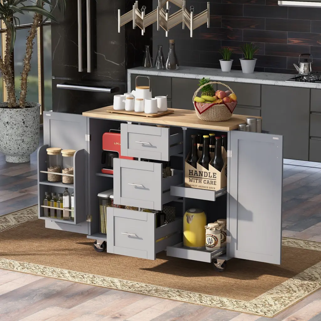K&K Rolling Kitchen Island Storage, Kitchen Cart Rubber Wood Top rnb
