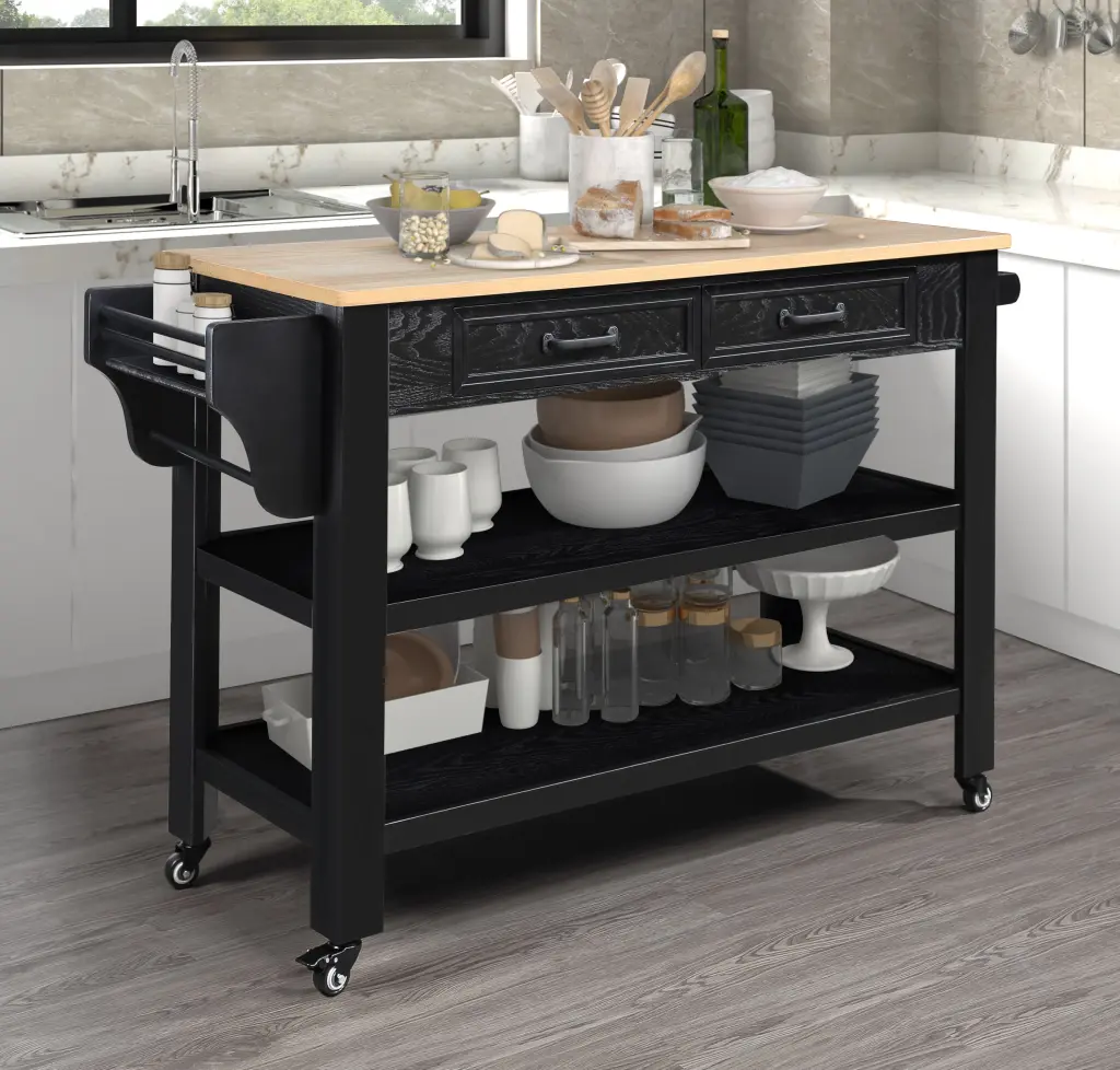 57 Inch Rolling Kitchen Island Storage Solid Oak Kitchen Cart power growth furniture