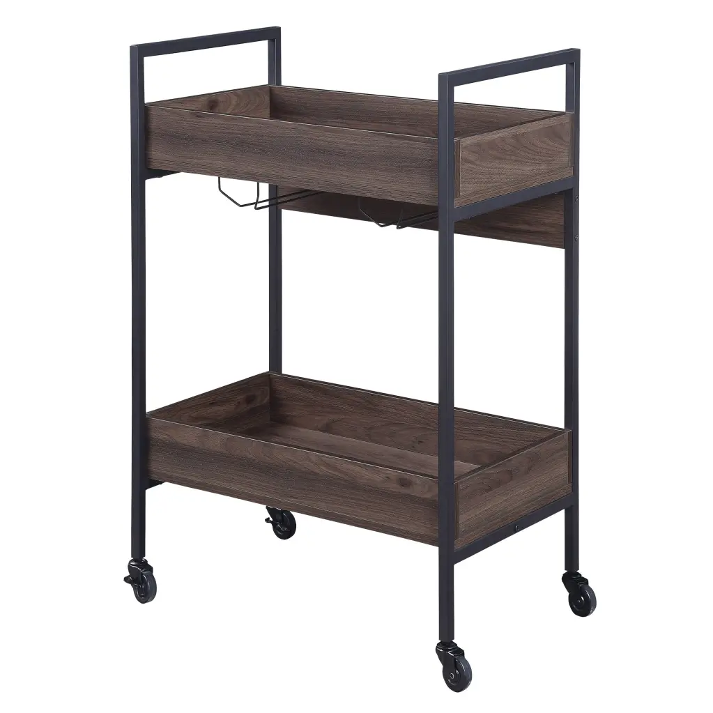 Walnut and Black Serving Cart 2 Shelves Brown Black Dining Room Rolling Cart furniture max