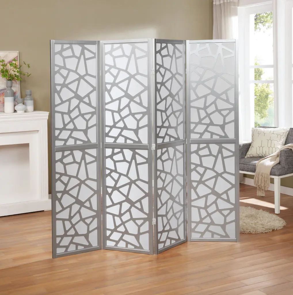 Giyano 4 Panel Room Divider Screen Silver Shiny Metal and Timber hz