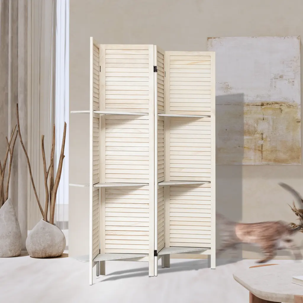 4 Panel White Room Divider Shelves Portable Space Partition w2701