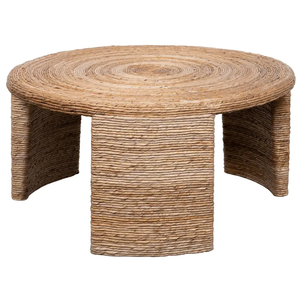 Benjara Asha 36 Inch Round Coffee Table Natural Rattan Wrapping Convenience Concepts