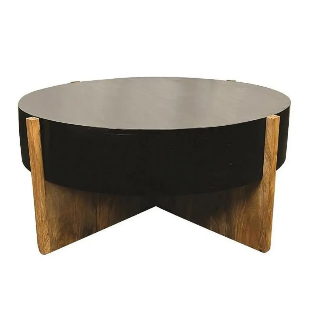 Benjara BM300769 39 Inch Distressed Top Crossed Base Oza Round Coffee Table Rich Brown Convenience Concepts