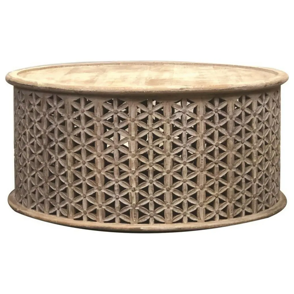 Benjara 37 Loi Round Coffee Table Carved Tessellated Pattern Gray Wood Convenience Concepts
