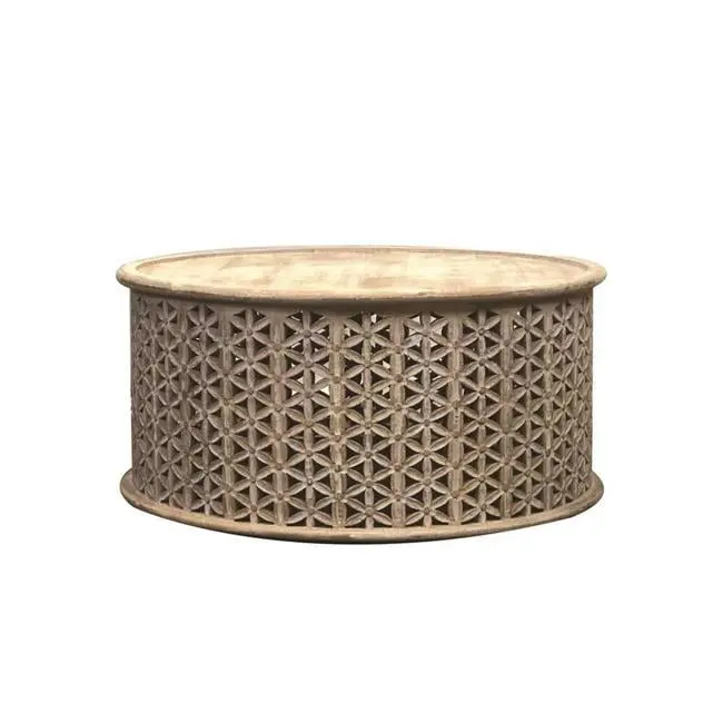 37 Inch Loi Round Coffee Table Carved Tessellated Pattern Gray Wood DeluxDesigns