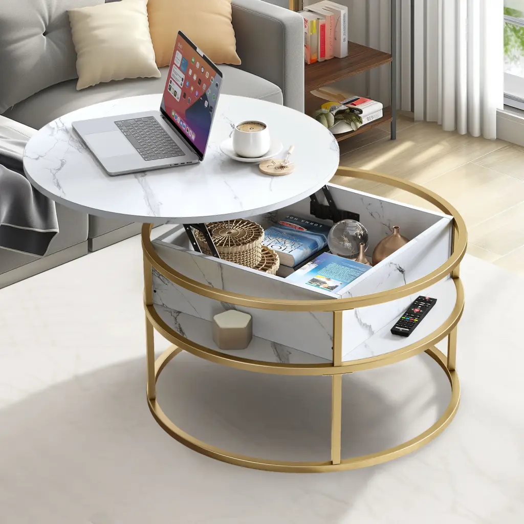 DWVO Round Lift Top Coffee Table Marble Coffee Tables Living Room Storage White and Gold