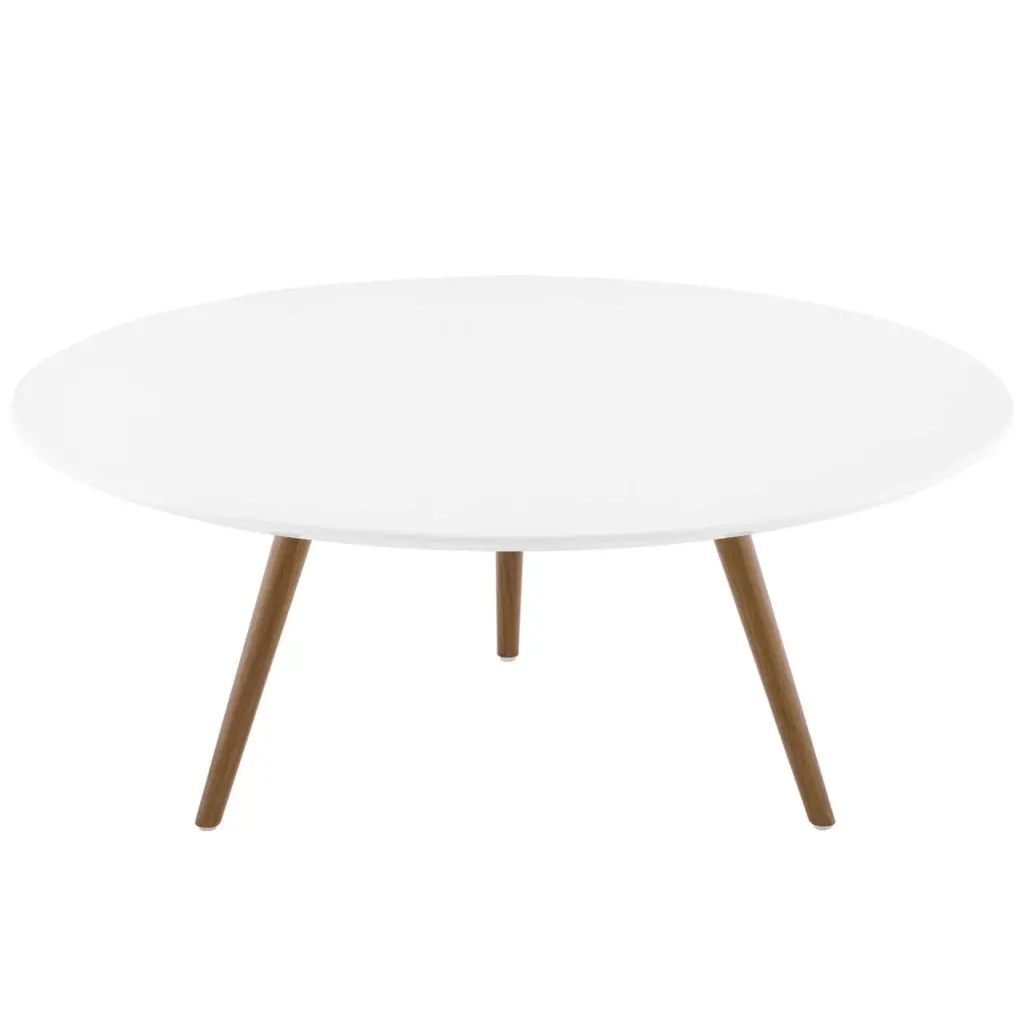 Ergode Lippa 36 Inch Round Wood Top Coffee Table Tripod Base Walnut White