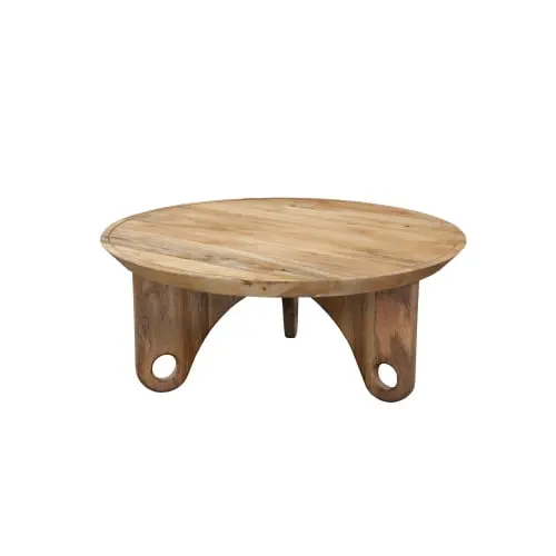 Goldmeet 36 Inch Round Coffee Table Handcrafted Grooved Edge Top Natural Brown Mango Wood
