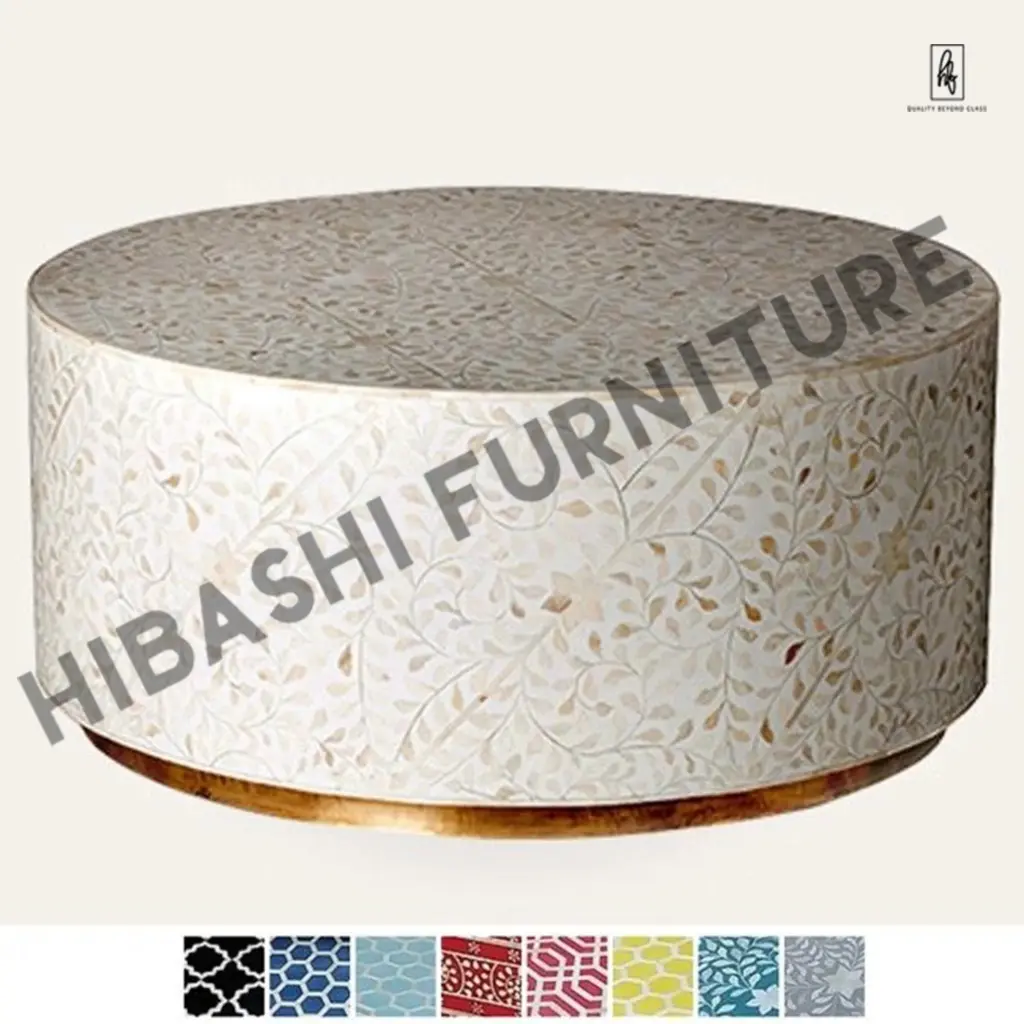 Bone Inlay Brass Round Drum Coffee Table Hibashi Furniture
