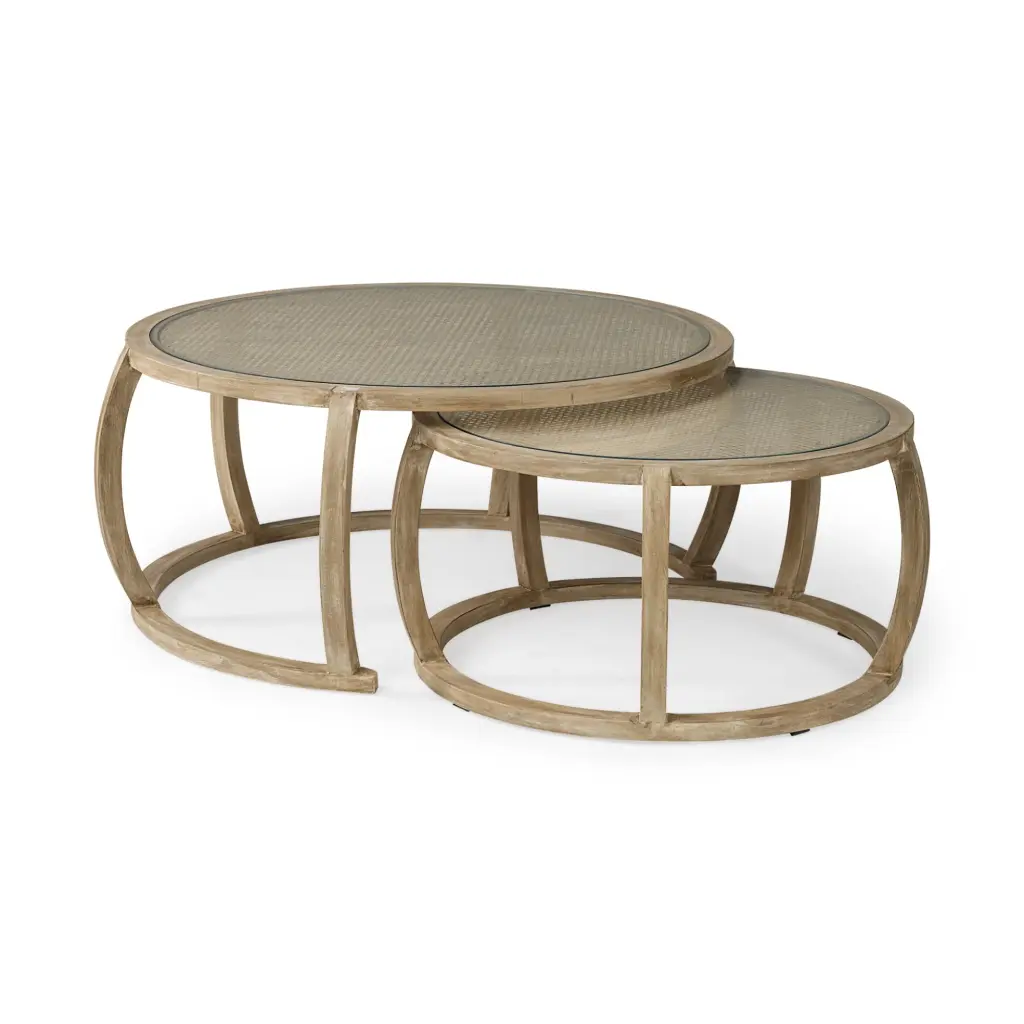HomeRoots 41.5 Inch Round Woven Cane Glass Top Solid Wood Coffee Table Set 2 Light Brown
