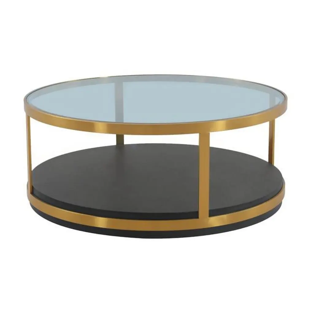 HomeRoots 43 Inch Solid Wood Round Coffee Table Shelf Brown Glass