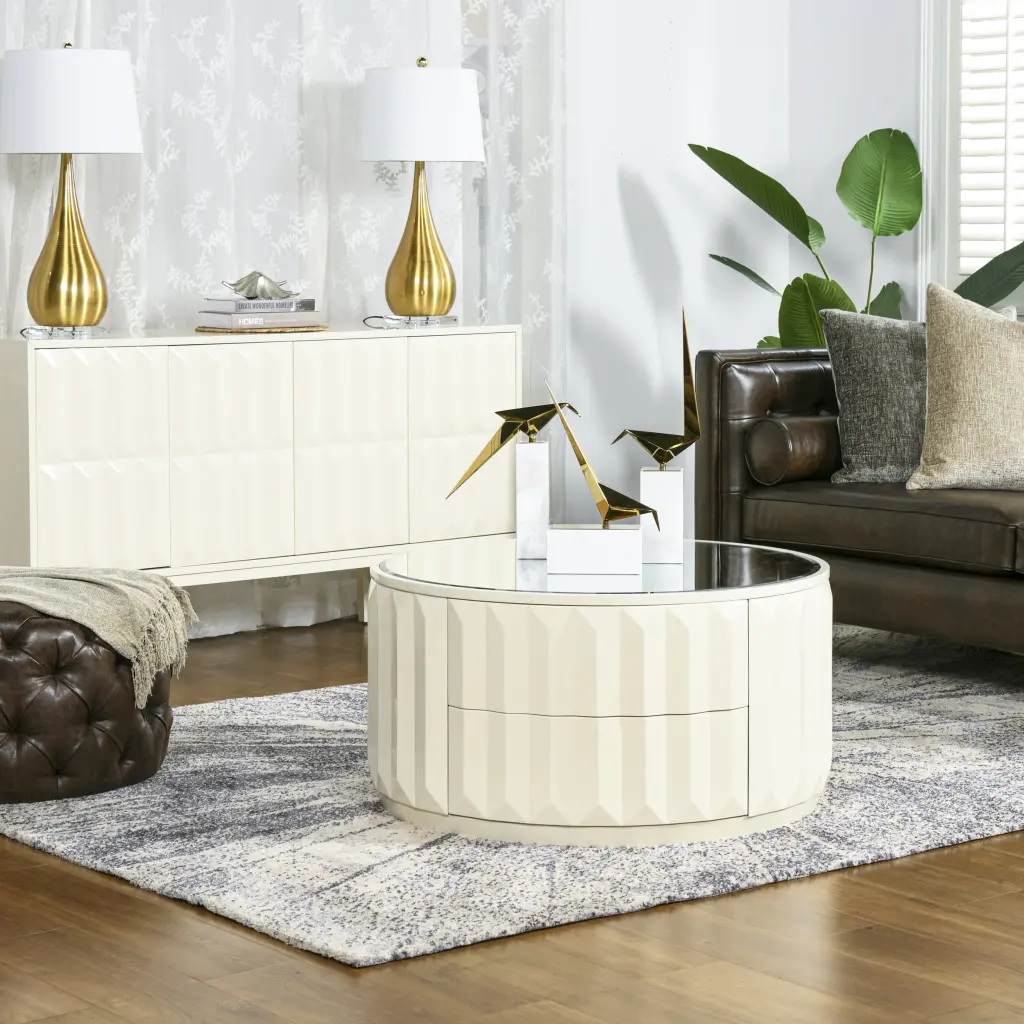 Facino 35.5 Inch Round Storage Coffee Table White Lacquer Birchwood Living Room jennifer taylor home