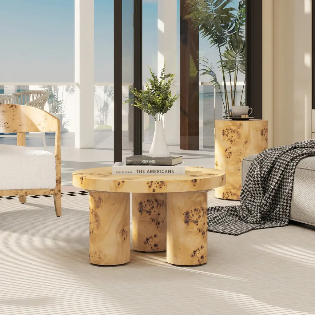 Nebula 28 Inch Round Pillar Leg Coffee Table Warm Natural Brown Burl Wood jennifer taylor home