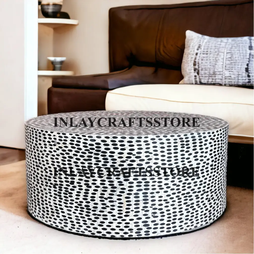 LAKECITY ARTS Bone Inlay Leopard Design Round Coffee Table Black Lake City Arts