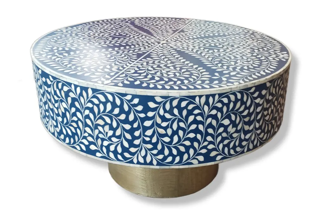 LAKECITY ARTS Bone Inlay Scrollvine Design Coffee Table Indigo Blue Lake City Arts
