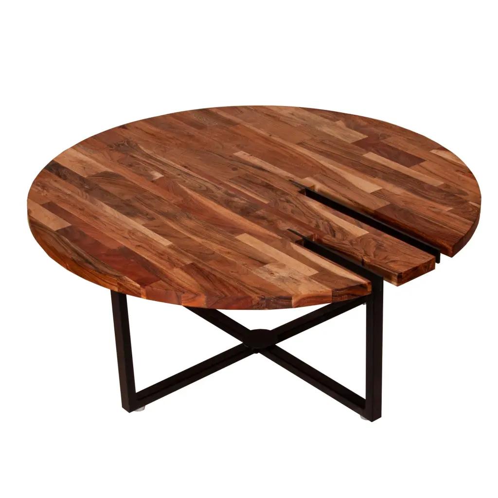 LANTRO JS Peter 35 Inch Round Coffee Table Solid Acacia Wood Tabletop and Steel Frame Brown and Black