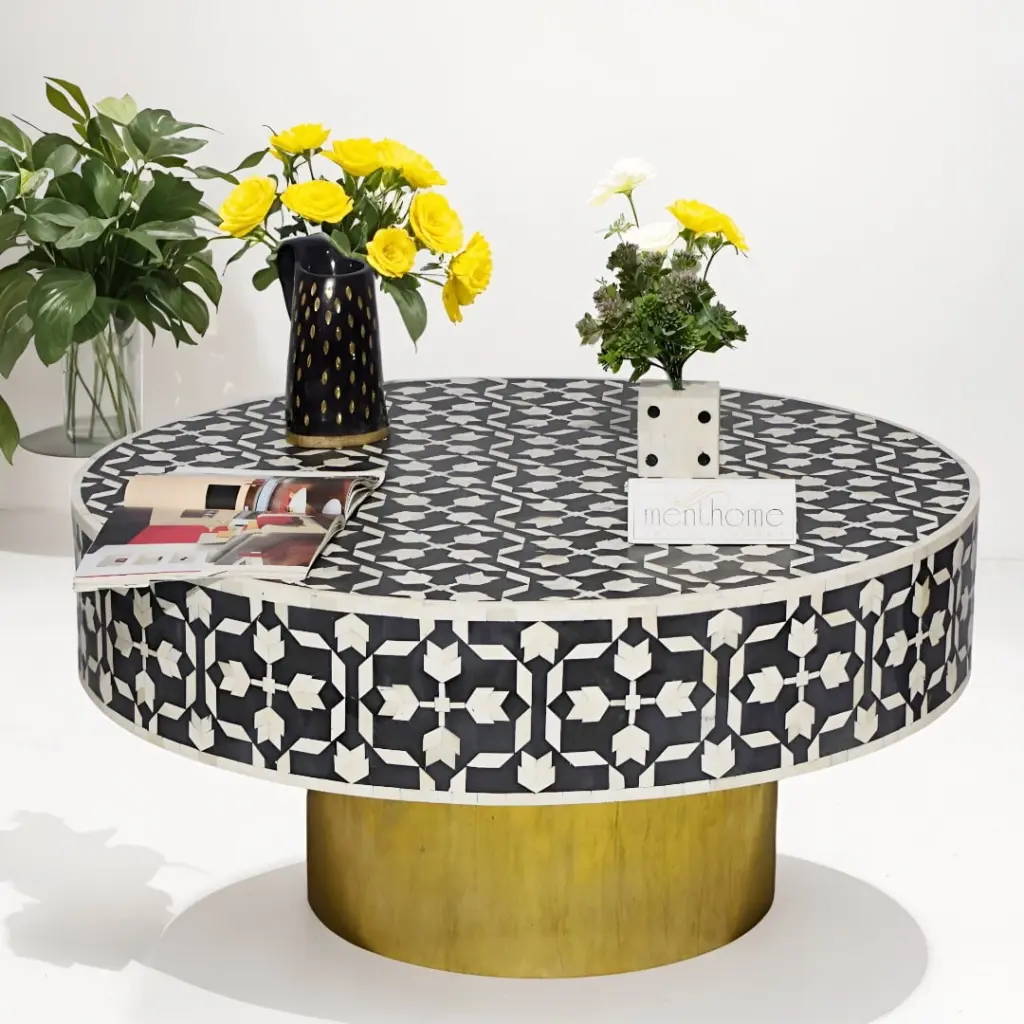 Round Coffee Table Black Bow Pattern Bone Inlay and Brass Leg Menthome