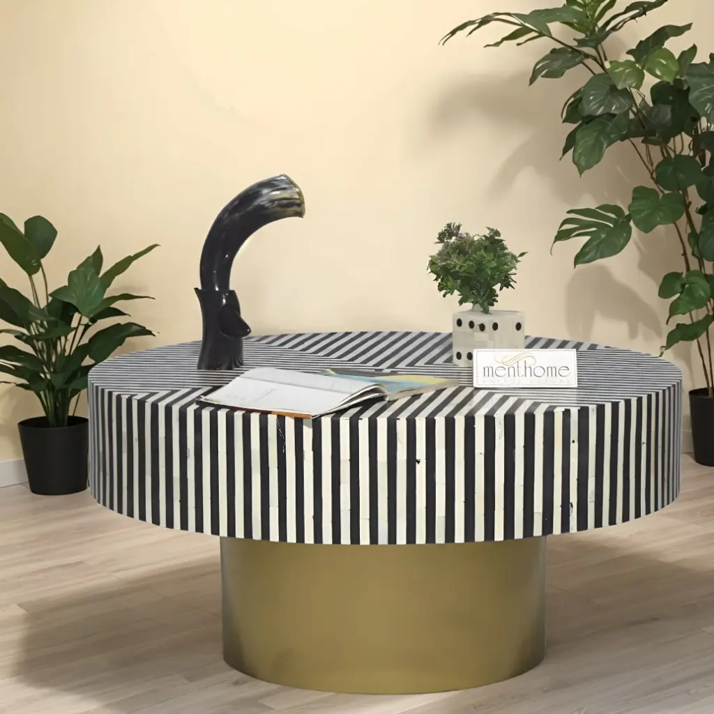 Round Waterfall Pattern Bone Inlay Coffee Table Brass Base Menthome