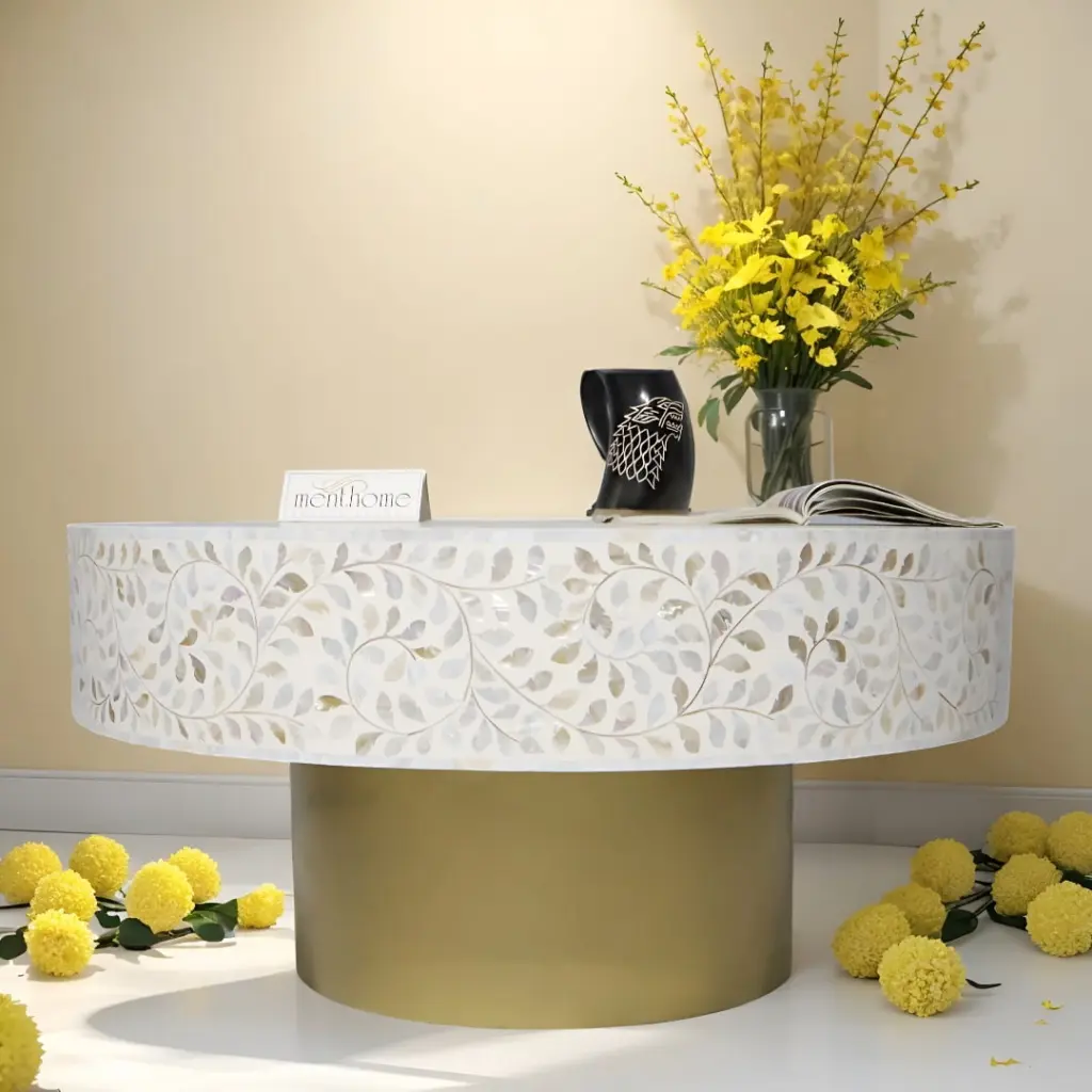 White Floral Bone Inlay Round Coffee Table Brass Base Menthome