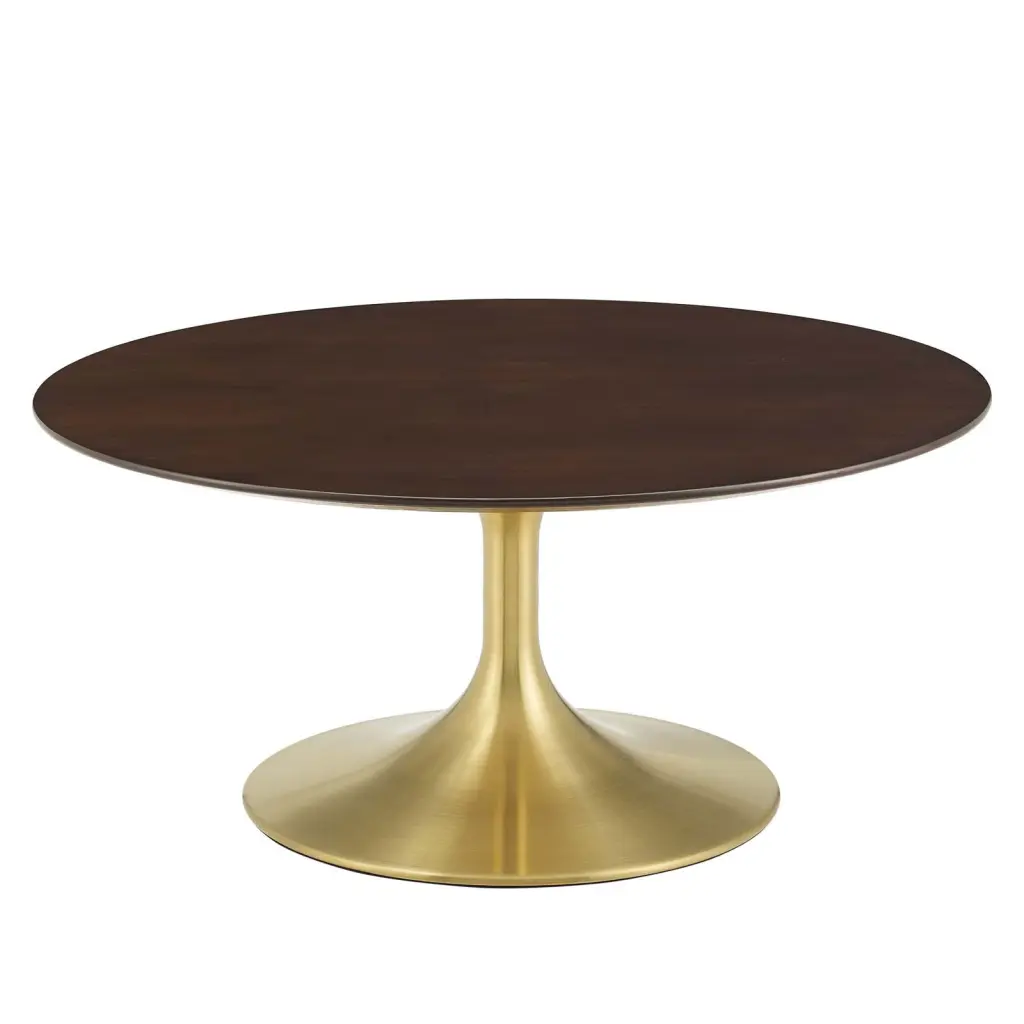 Round Wood and Metal Steel Coffee Table Gold Dark Brown Walnut Modern Design