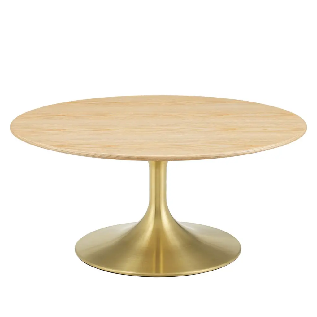 Round Wood and Metal Steel Coffee Table Gold Brown Natural Modern Design