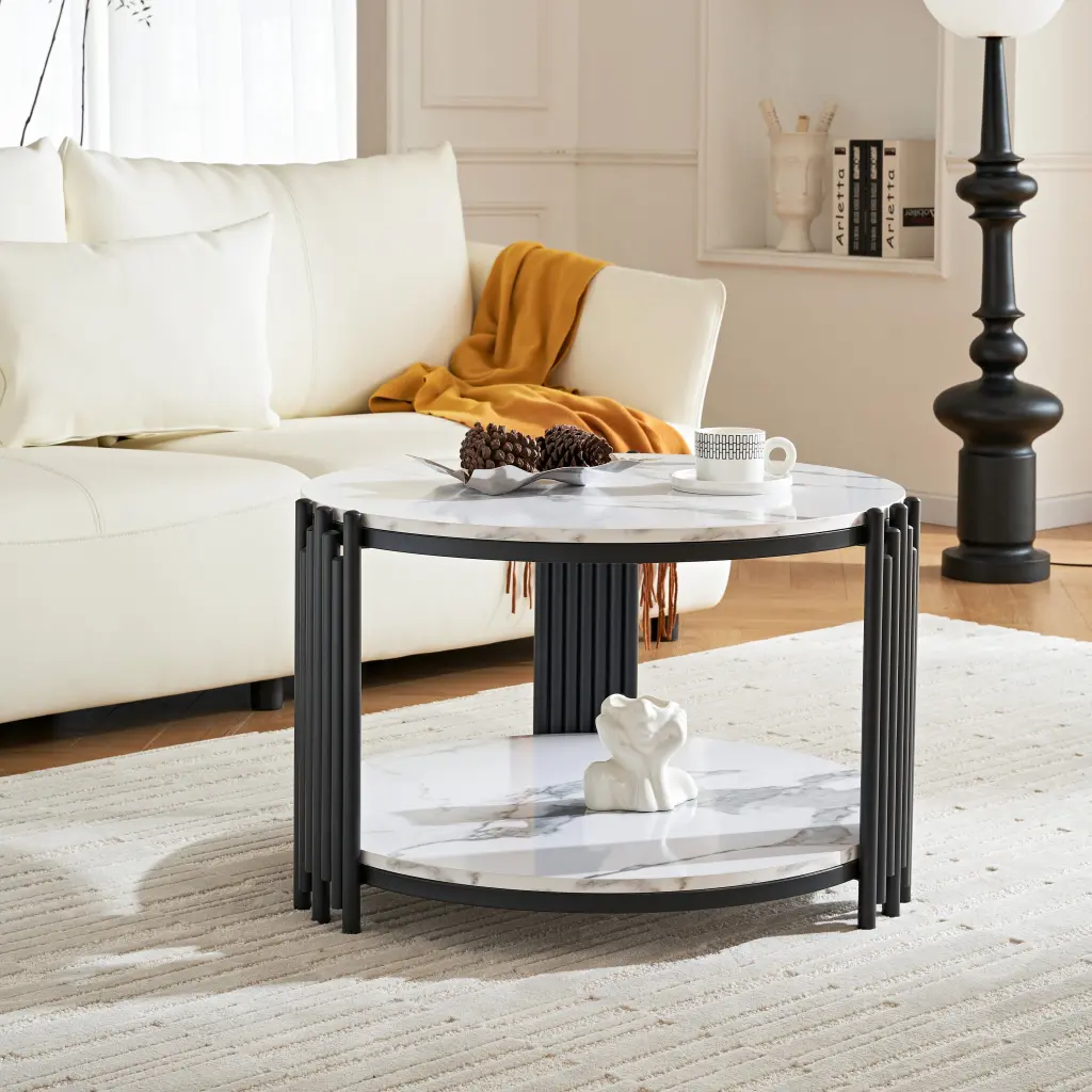 28.35 Inches Round Coffee Table Small Coffee Table Storage Faux Marble modasi