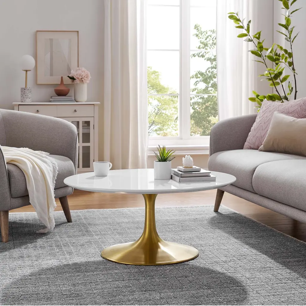 Modway Lippa 36 Round Wood Coffee Table Gold White Modern Style