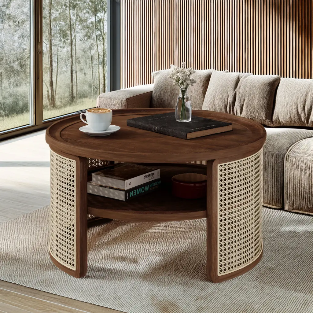 2 Tiered Round Walnut Timber Coffee Table Storage Rattan Base 31 Inch rnb
