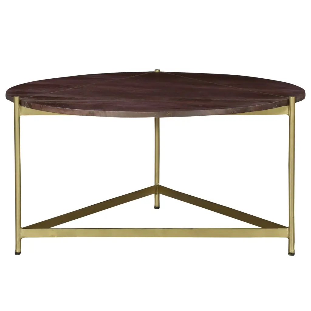 Ellis 32 Inch Round Timber Coffee Table Copper Alloy Base Brown royal hampton