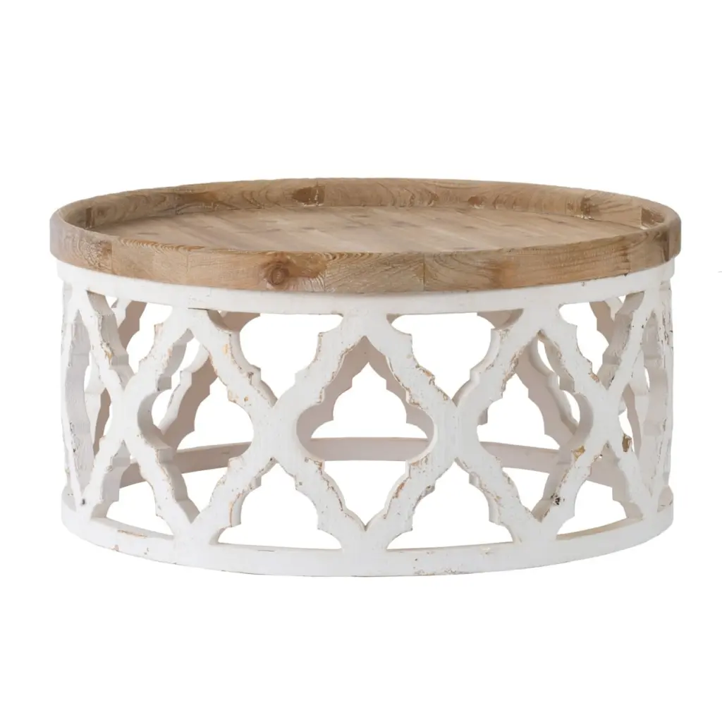 Ode 32 Inch Round Coffee Table Quatrefoil Lattice Design Brown White Saltoro Sherpi