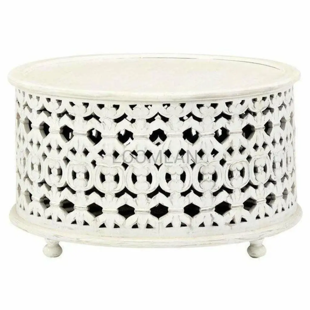 36 Inch Round White Wash Hand Carved Drum Style Coffee Table Sideboards & Things