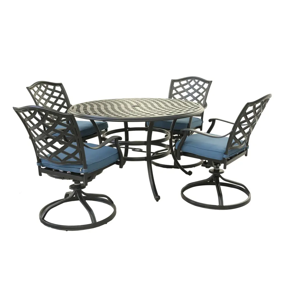 Light Metal 5 Piece Round Dining Set 4 Swivel Rockers, Sapphire Blue - Elegant Outdoor Dining gathercraft
