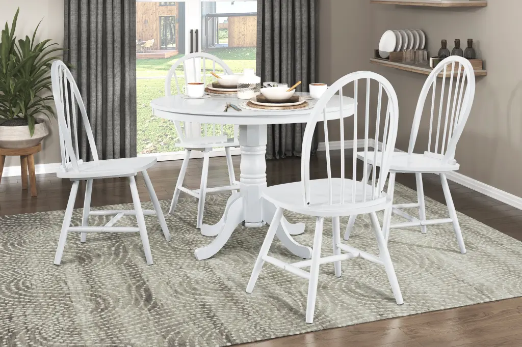 White 5-Piece Round Dining Table Set 4 Windsor Chairs, Farmhouse Kitchen Furniture kanepe