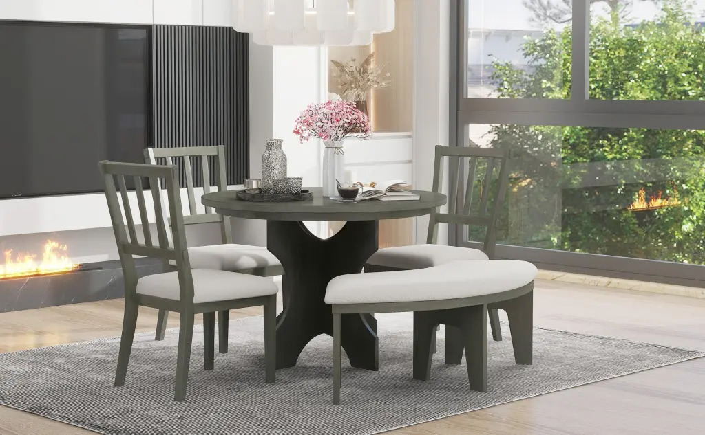 5 Piece Rustic Charm Round Dining Set 3 Upholstered Chairs and Table trexm