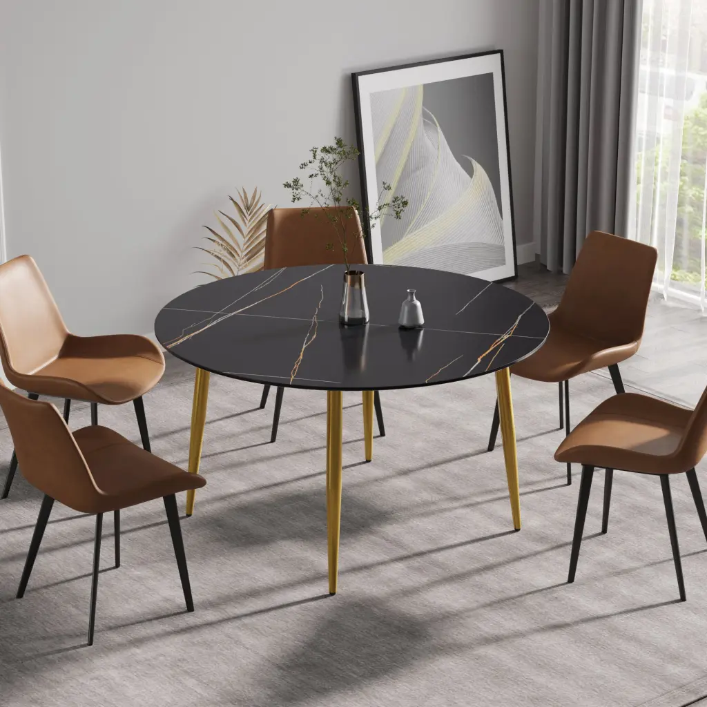 53.15 Inch Modern Artificial Marble Black Round Dining Table Precious Metal Base atunus